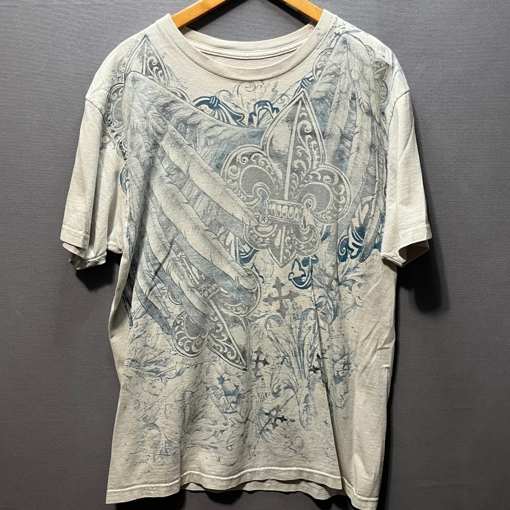 Urban Mens Fleur De Lis Wing Graphic T-Shirt Cream Blue Y2K Style Large